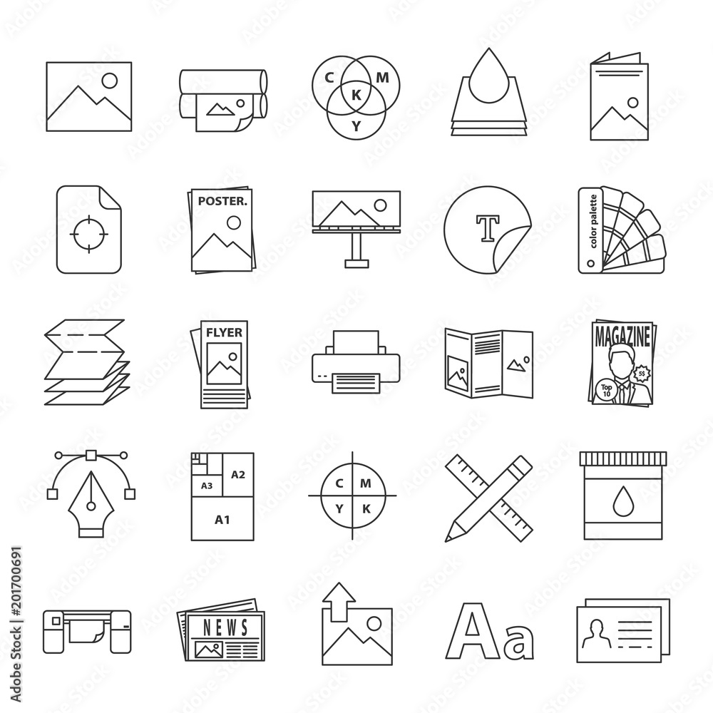 Poster printing linear icons set