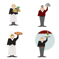 Waiter, set. Waiter with a dish, with pizza, with champagne, with fruit. On a white background. Illustration, vector, retro