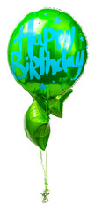 A large green Happy Birthday party balloon display with two glitter foil star shaped balloons attached to ribbon and an ornante weight isolated against a white background