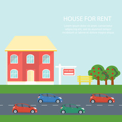 Banner for sales, advertising house, cottage with trees and cars.