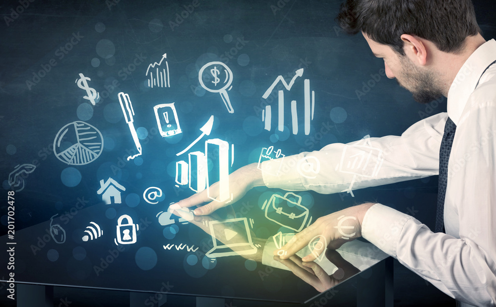 Poster Man touching technology smart table with business icons and symbols