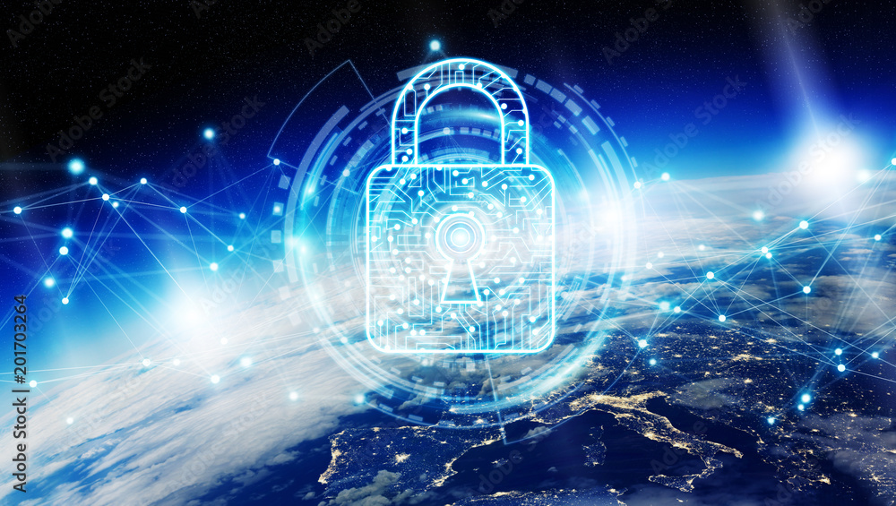 Poster Cyber security on planet Earth 3D rendering