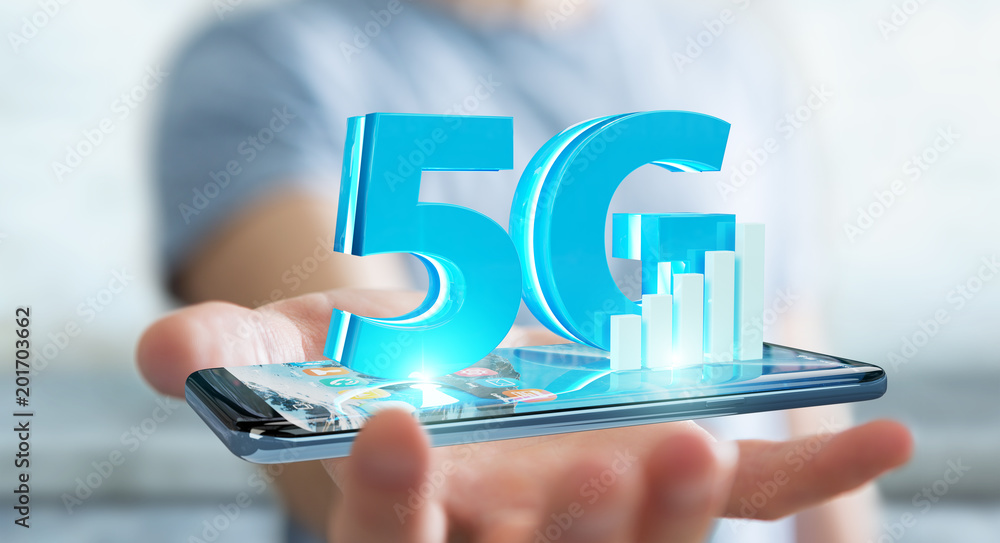 Aufkleber Businessman using 5G network with mobile phone 3D rendering