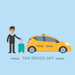 Machine yellow cab with driver and baggage