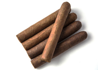 Close up Five Cigars on White Background Natural Light Selective Focus Top View

