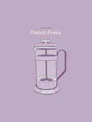 French-press. coffee maker hand draw vector.