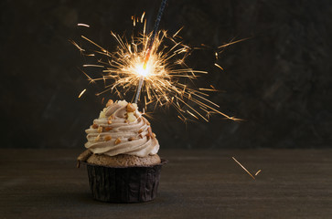 Chocolate cupcake with cream on dark background.