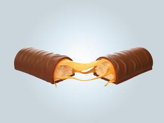 Cracked Chocolate bar or Cocoa Crispy wafer with caramel include Clipping path 3d illustration.
