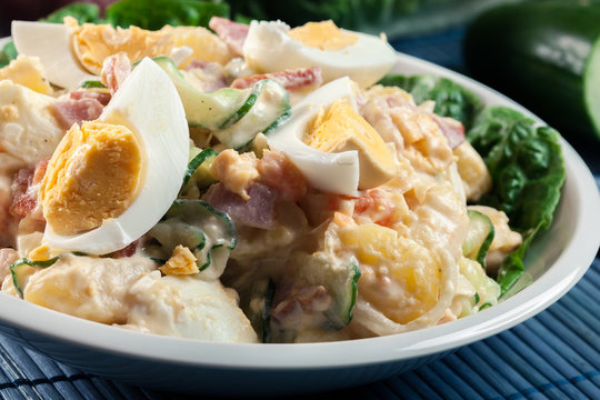 Delicious Potato Salad With Ham, Egg And Cucumber