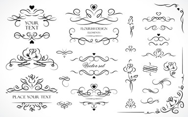 Set of flourish frames, borders, labels. Collection of original design elements. Vector calligraphy swirls, swashes, ornate motifs and scrolls.