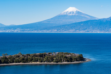 Mt. Fuji with Osezaki and Suruga bay from Izu peninsula in Japan.