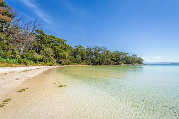 Amazing view to small paradise like island sandy beach with turquoise blue water and green shore jungle forest on warm sunny clear sky day camping ground, Jetty Beach Bruny Island, Tasmania, Australia