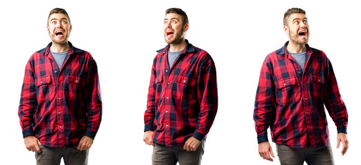 Young man happy and surprised cheering expressing wow gesture isolated over white background, collage composition