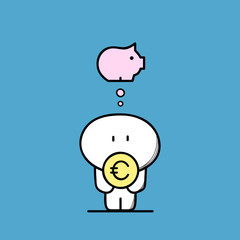 Cute funny man with euro coin in the hands and piggy bank symbol. Save money, savings
 and deposit cartoon vector illustration.