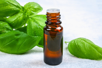 Leaves of basil and a small bottle of oil on a concrete table.