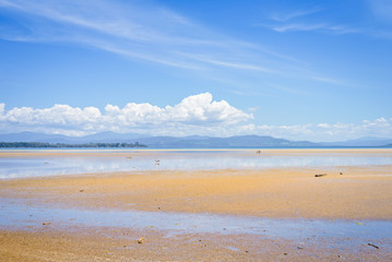 Amazing view to great paradise island sandy beach with turquoise blue water and green shore jungle forest on warm sunny clear sky relaxing day, River Adventure Bay, Bruny Island, Tasmania, Australia