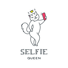 Selfie queen. Pretty white cat making selfie photo. Doodle vector illustration