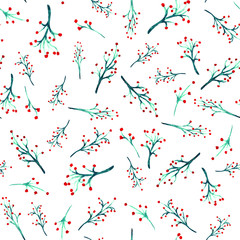 Seamless watercolor floral pattern on white background. Green stems with leaves and red flowers. Vector illustration.
