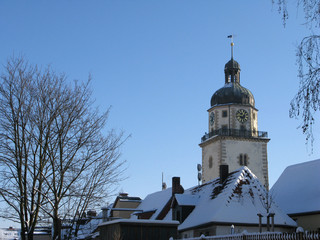 Altenburg / Germany: The romanesque Nikolai tower on a beautiful winter day