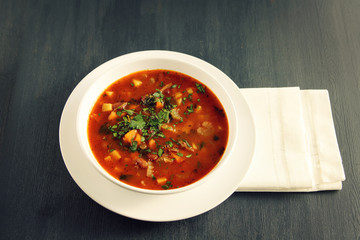 Tomato soup with red beans, potato and carrot. Vegan diet. European cuisine. Vegetarian dish. Main course. Organic meal.