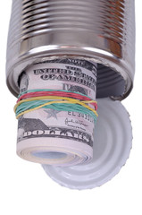 Bundle of notes in tin can. Personal Savings Concept.