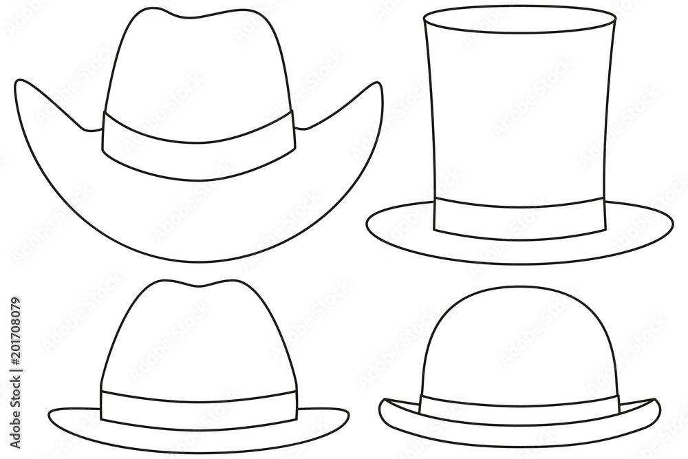 Wall mural Line art black and white hat set 4 element