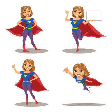 Woman super hero set, character in different postures (standing, presenting copy space and showing OK sign, with thumb up and flying). Vector illustration isolated on white.