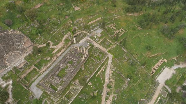 Aerial view of archaeological site of ancient Delphi, site of temple of Apollo and the Oracle, Greece