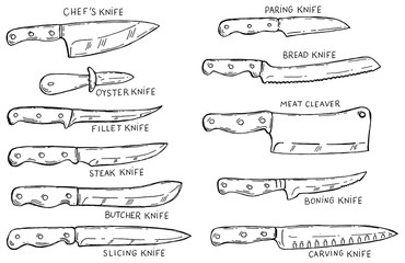 Set of hand drawn kitchen knives . Design element for poster, card, banner, menu.