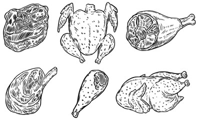 Set of hand drawn meat illustrations. Chicken meat, steak. Design element for poster, card, banner, menu.
