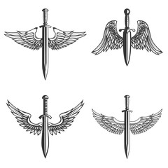 Set of emblems with medieval sword and wings. Design element for logo, label, emblem, sign.