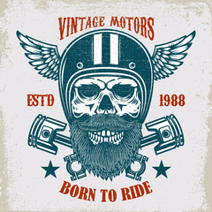 Vintage motors. Ride hard. Vintage racer skull in winged helmet illustration on grunge background. Design element for poster, emblem, sign, t shirt.