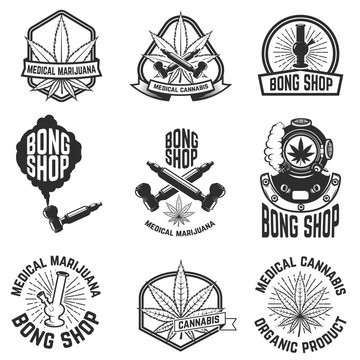 Set of vintage emblems with medical marijuana. Cannabis leaves. Design element for logo, label, emblem, sign, poster, t shirt.