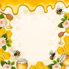 Beautiful background with bees,honey,jar, flowers and honeycomb