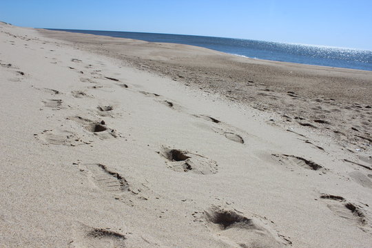 Footprints left in sand at isolated sandy coastal ocean beach 