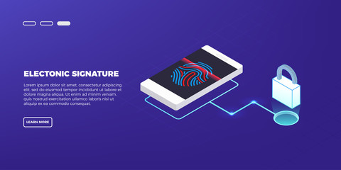 Scan Fingerprint on laptop. Identification system.Business security concept. Illustration of application scanning fingerprint. Vector illustration in isometric style