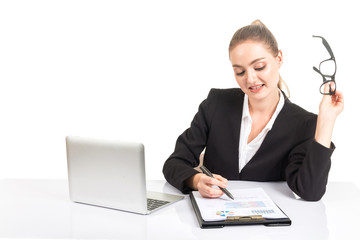 Business woman manager working on notebook computer and business document isolated on white background