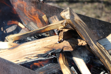 Firewood in the barbecue on a picnic in nature. Kindling of coals for cooking shish kebab