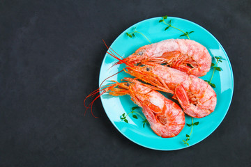Large royal raw frozen prawns on a blue plate with thyme and basil on a concrete table. Red shrimps. Top view.