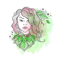 Girl and leaves on a green watercolor background.