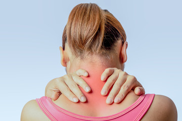 asian woman holding hand and touching skin around cervical spine on  clear background