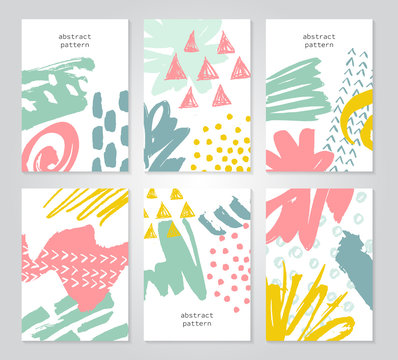 Abstract colorful backgrounds set. Hand drawn templates for card, flyer and invitation design. Vector illustration.