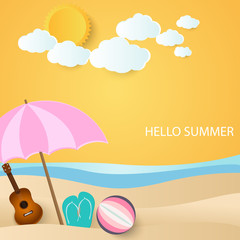 Fototapeta na wymiar ball, guitar and sandles under umbrella on beach, summer background