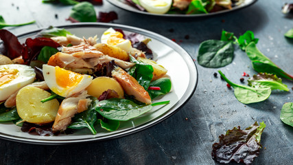 Warm Smoked Mackerel Salad with new potato, eggs, green lettuce mix in a plate.