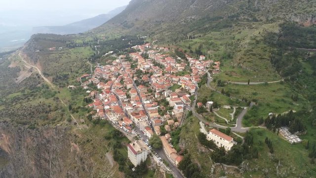 Aerial view of modern Delphi town, near archaeological site of ancient Delphi