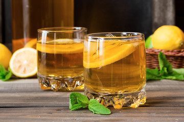 Refreshing cold tea with lemon