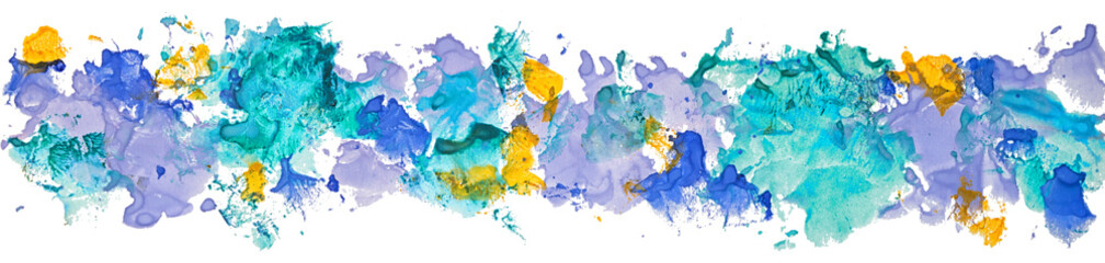 long border of gouache watercolor hand drawn paper color stains isolated on a white background as an element for your text design, web, label, card, backdrop, tag and other decor.