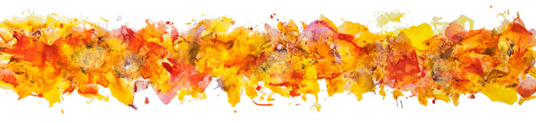 Brush stroke. Acrylic paint stain. Long border of gouache watercolor color paint brush stain strokes isolated on a white background as an element for your decor.