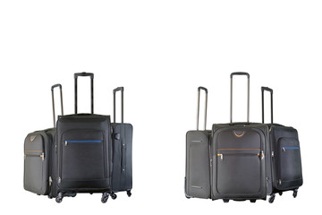 Group of brown and black suitcases isolated on white background.