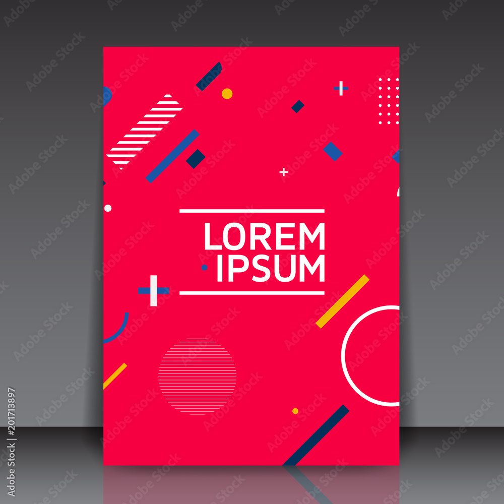 Poster abstract red geometric flyer template with colorful diagonal lines, circles, shapes - editable vecto